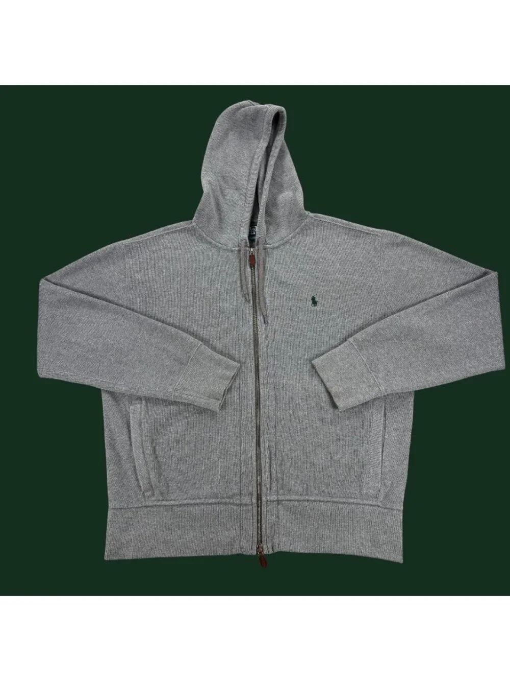 Polo Ralph Lauren Hoodie Mens L Gray Double Knit Full Zip Preppy Pony Gym Y2K